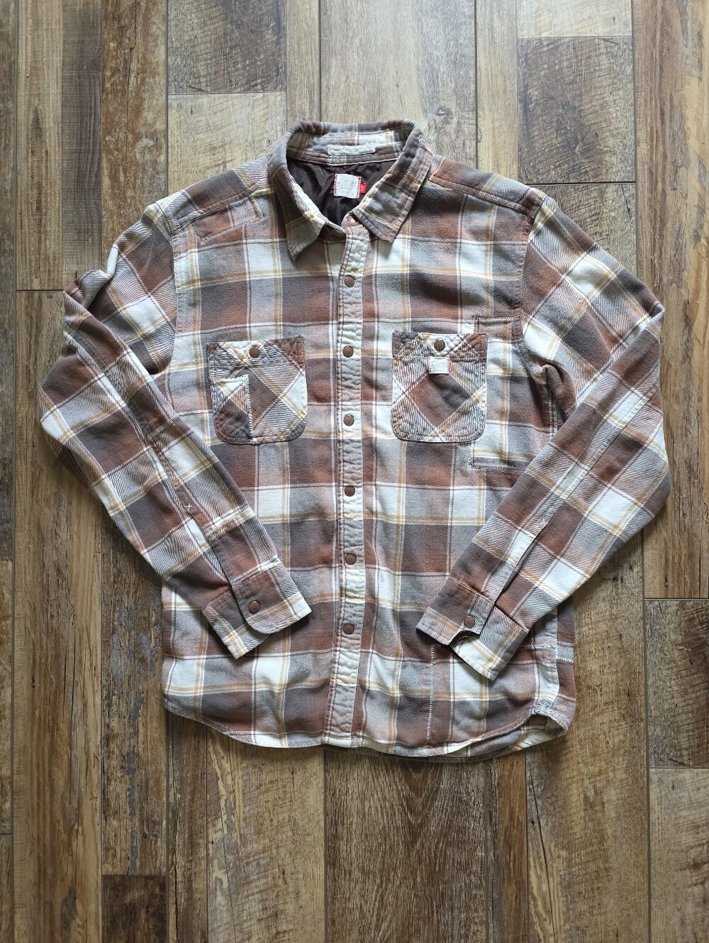 Obey - Plaid Flannel Snap Shirt - M (Fits S) - Brown Tan Cream Plaid